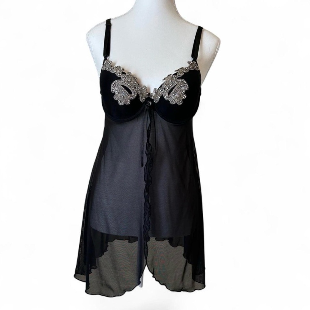 Black Embellished Sheer Babydoll Chemise - Women Intimates
